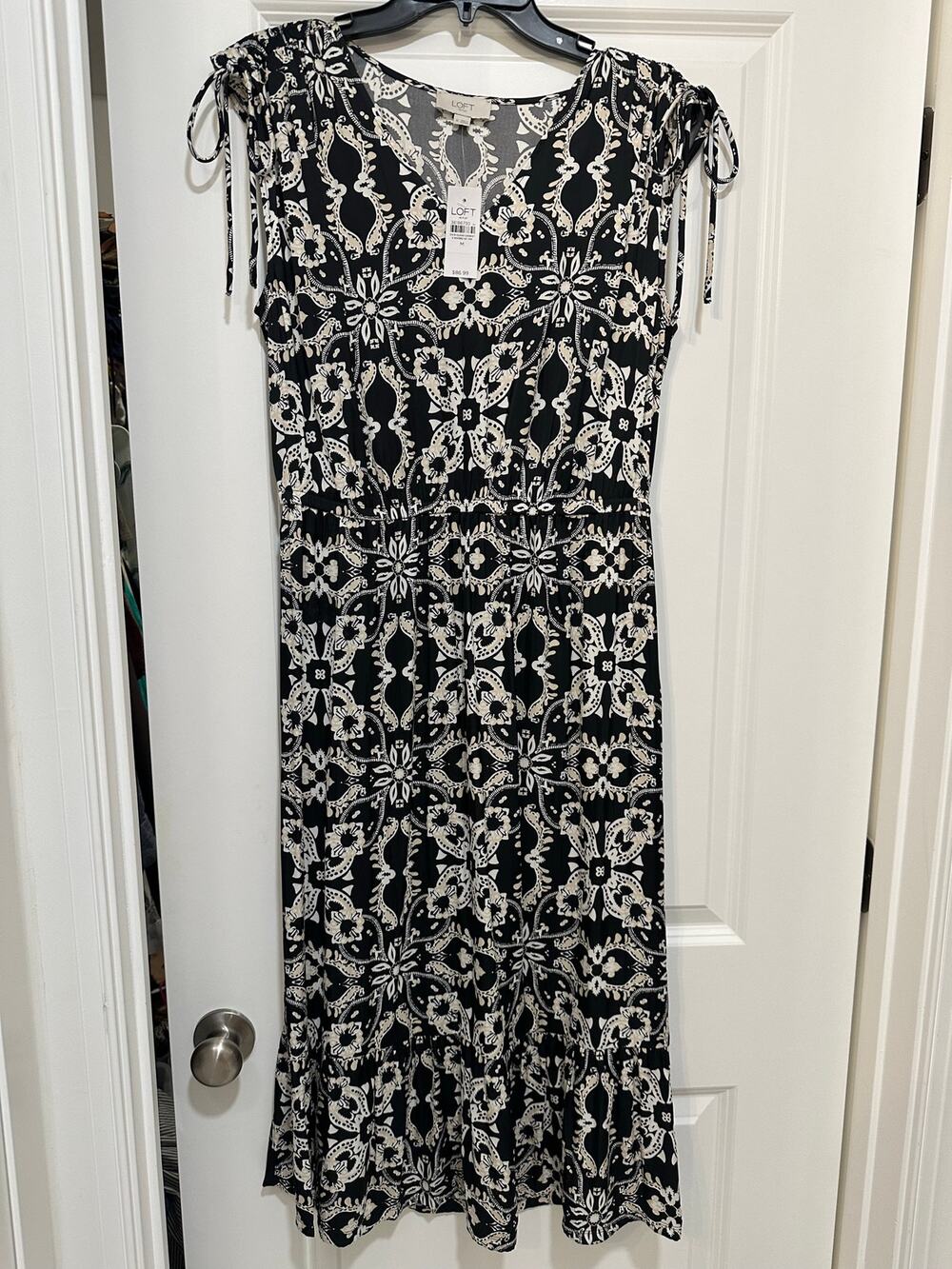 NWT LOFT Outlet Midi Dress M Black Cream Floral Boho Tie Shoulder Sleeveless
